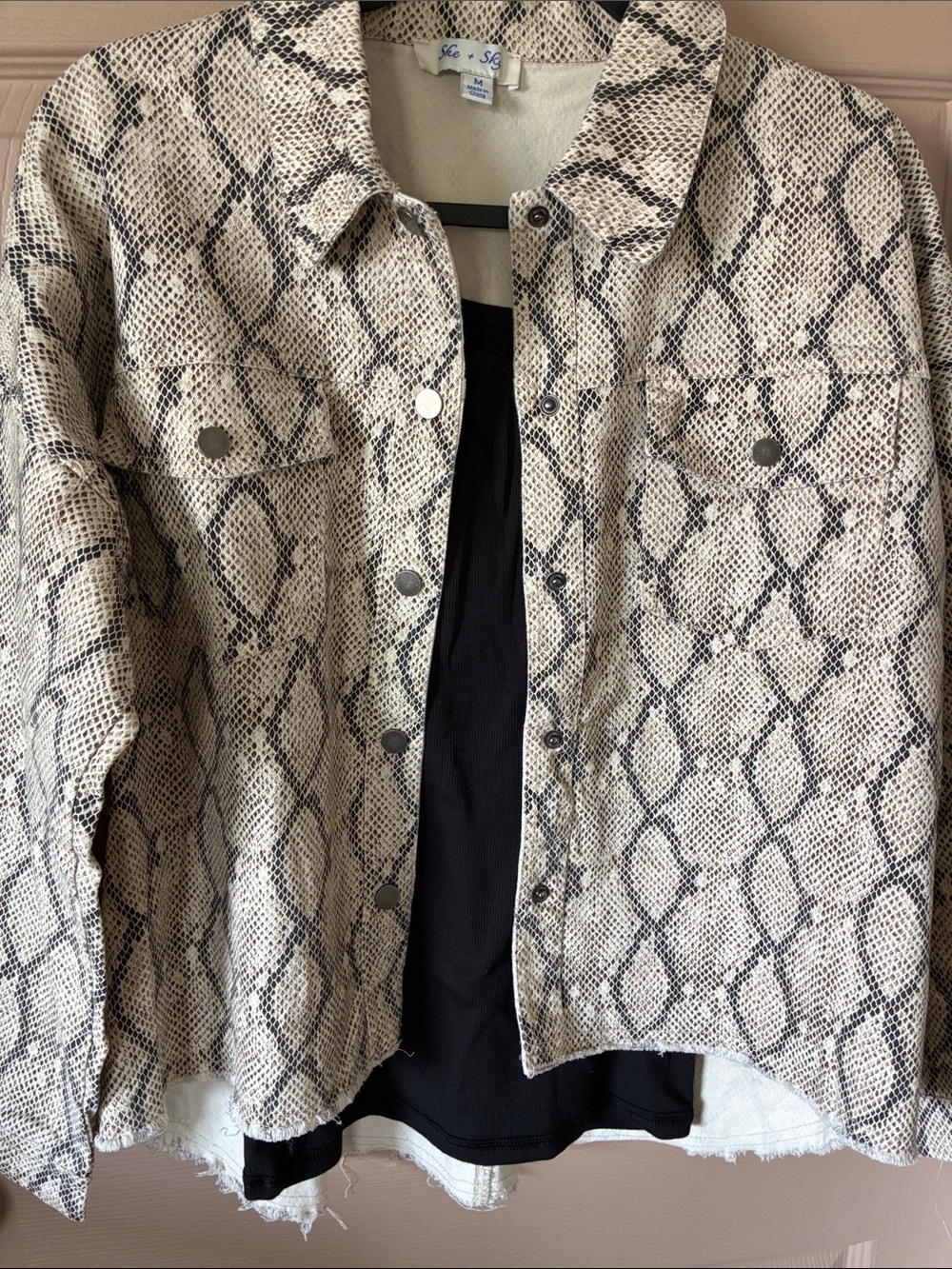 She and Sky Beige and Dark Brown Snake-Print Jean Jacket with raw edge